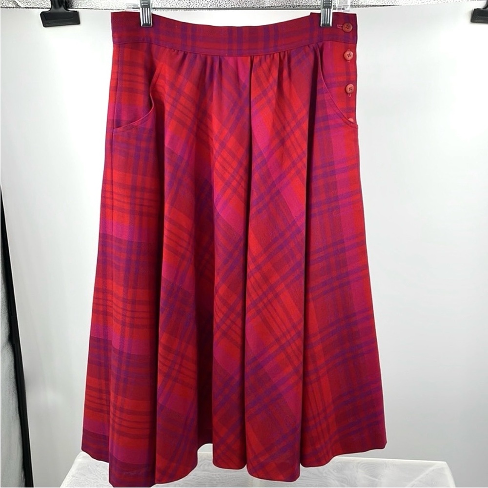Vintage 80s Liz Claiborne Purple Red 100% Wool Plaid Midi Skirt USA Size 14